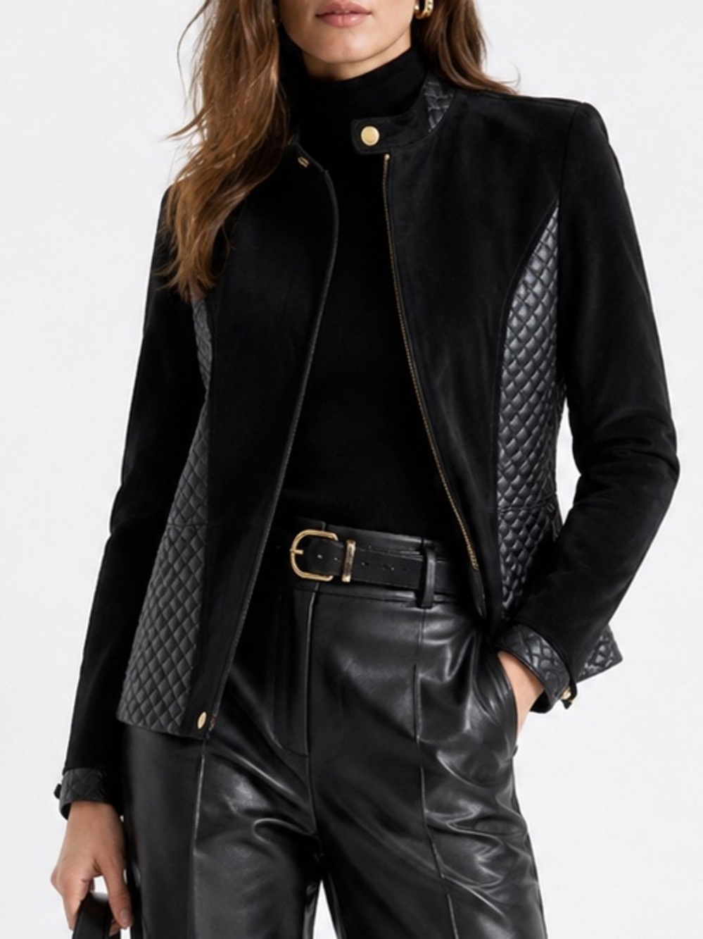 Isaac Mizrahi Live! Genuine Leather Suede Quilted Black Zip Up Jacket Size 6